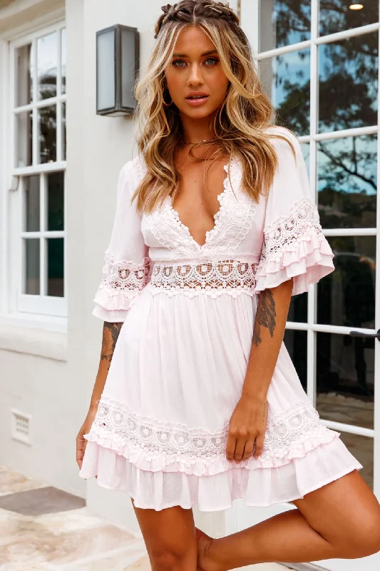 Kauai V-Neckline Crochet Lace Trim Dress Pink