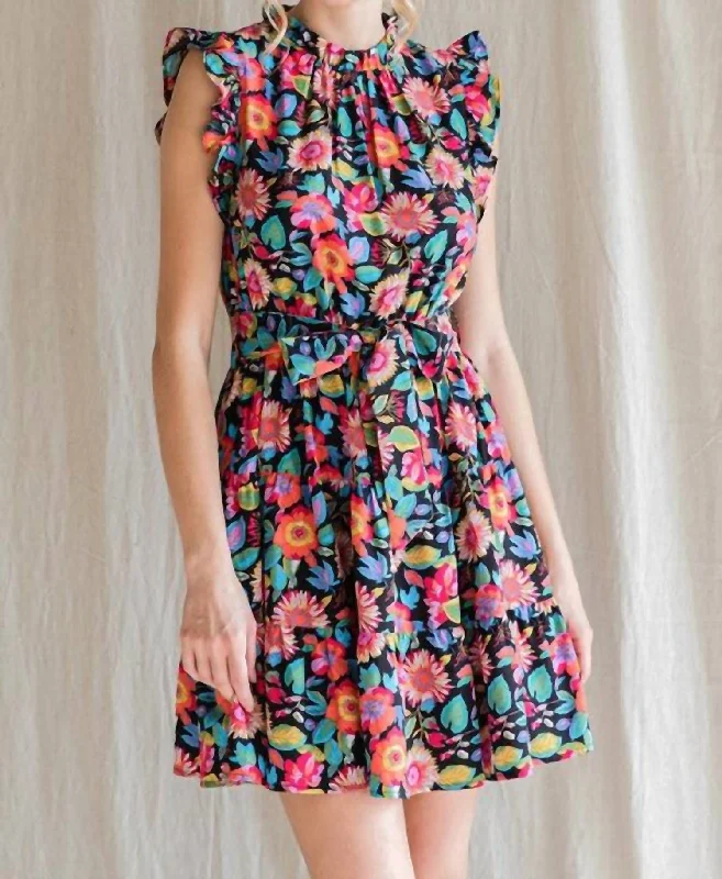 Floral Print Waist Tie Ruffle Dress In Black Mix