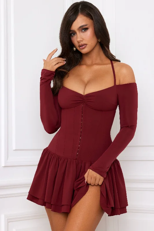 Special Savings Off-Shoulder Tiered Corset Mini Dress in Berry Red