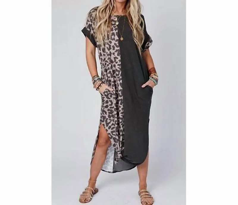 Maxi Dress With Rolled Sleeves In Black Leopard