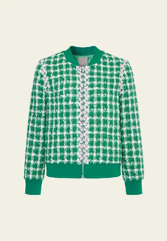 Exclusive Deal Emerald Green Check Tweed Bomber Jacket
