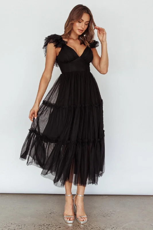 Price Cut Amal Ruffle Shoulder Tulle Midi Dress Black