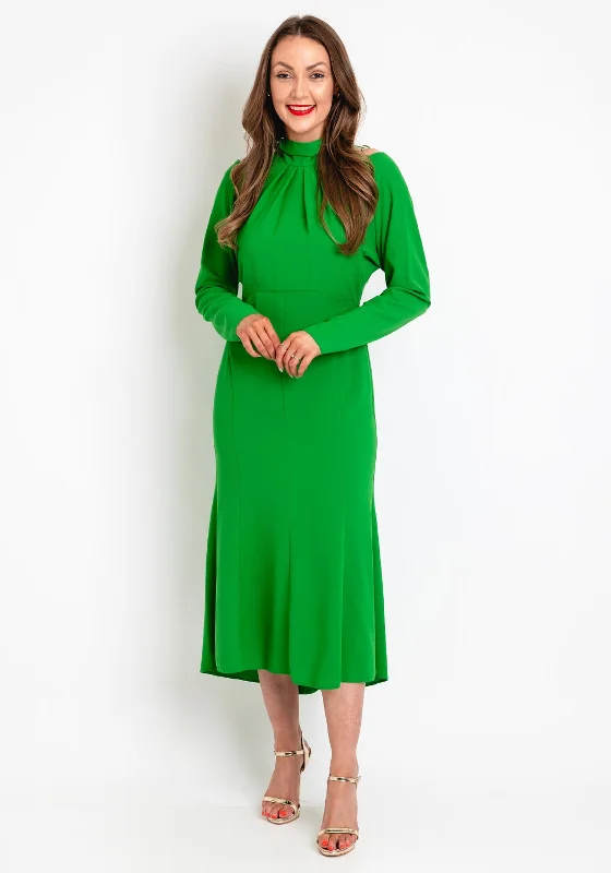 Kameya Tie Neck, Cold Shoulder Midi Dress, Green