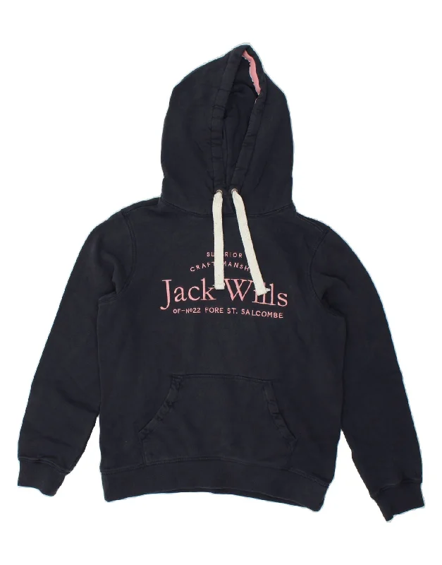 JACK WILLS Womens Graphic Hoodie Jumper UK 12 Medium  Navy Blue Cotton