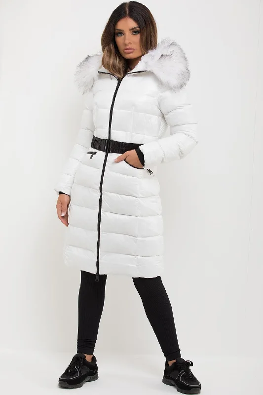 Limited Time Offer White Long Puffer Padded Jacket With Faux Fur Hood & Belt