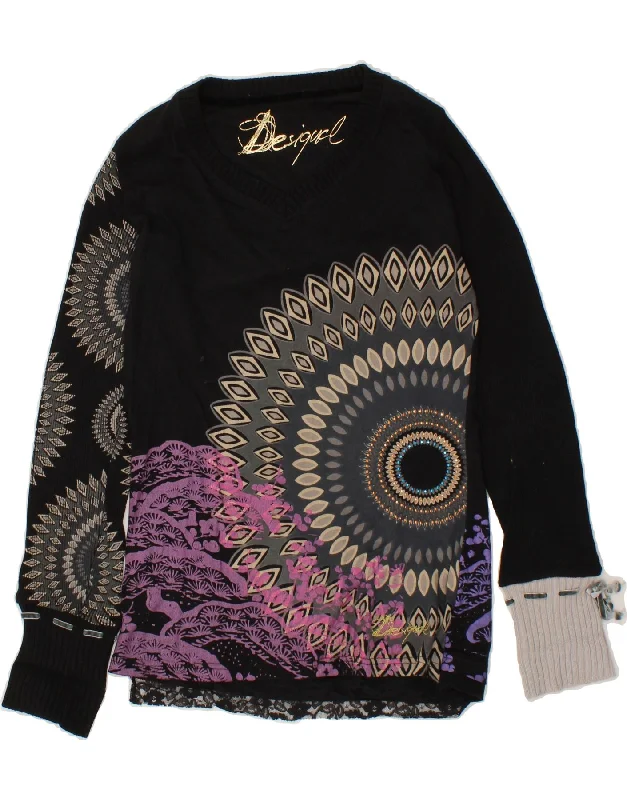 DESIGUAL Womens Graphic V-Neck Jumper Sweater UK 12 Medium Black Floral