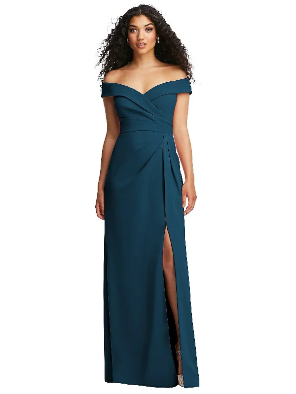 Cuffed Off-the-Shoulder Pleated Faux Wrap Maxi Dress