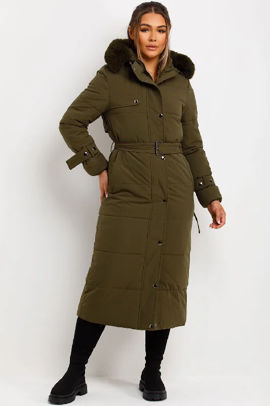 Bargain Bin Long Puffer Trench Coat With Belt And Faux Fur Hood Khaki