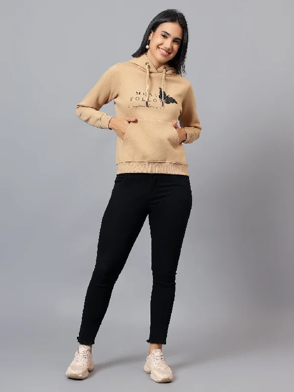 Warehouse Sale Women's Khaki Printed Hooded Sweatshirt
