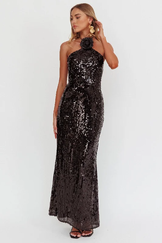Super Deal High Roller Flower Decoration Halter Dress Sequin Black